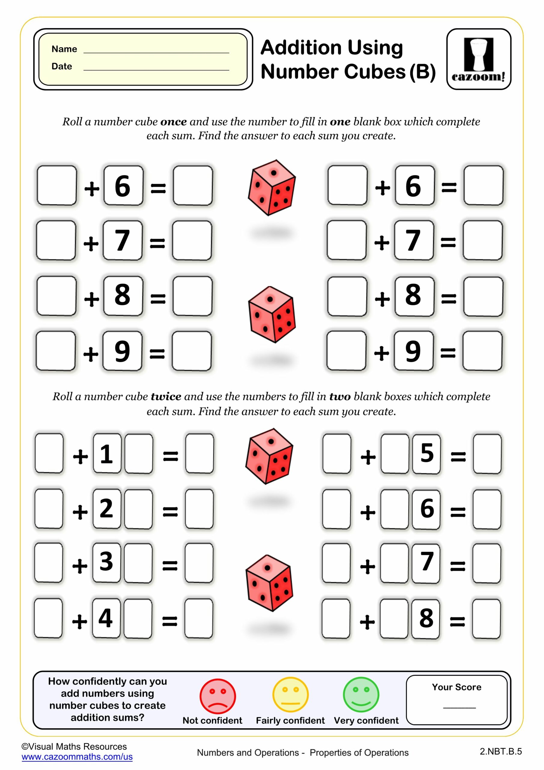 Addition Using Number Cubes (B) PDF printable Addition Worksheets Addition Using Number Cubes (B) PDF printable Addition Worksheets