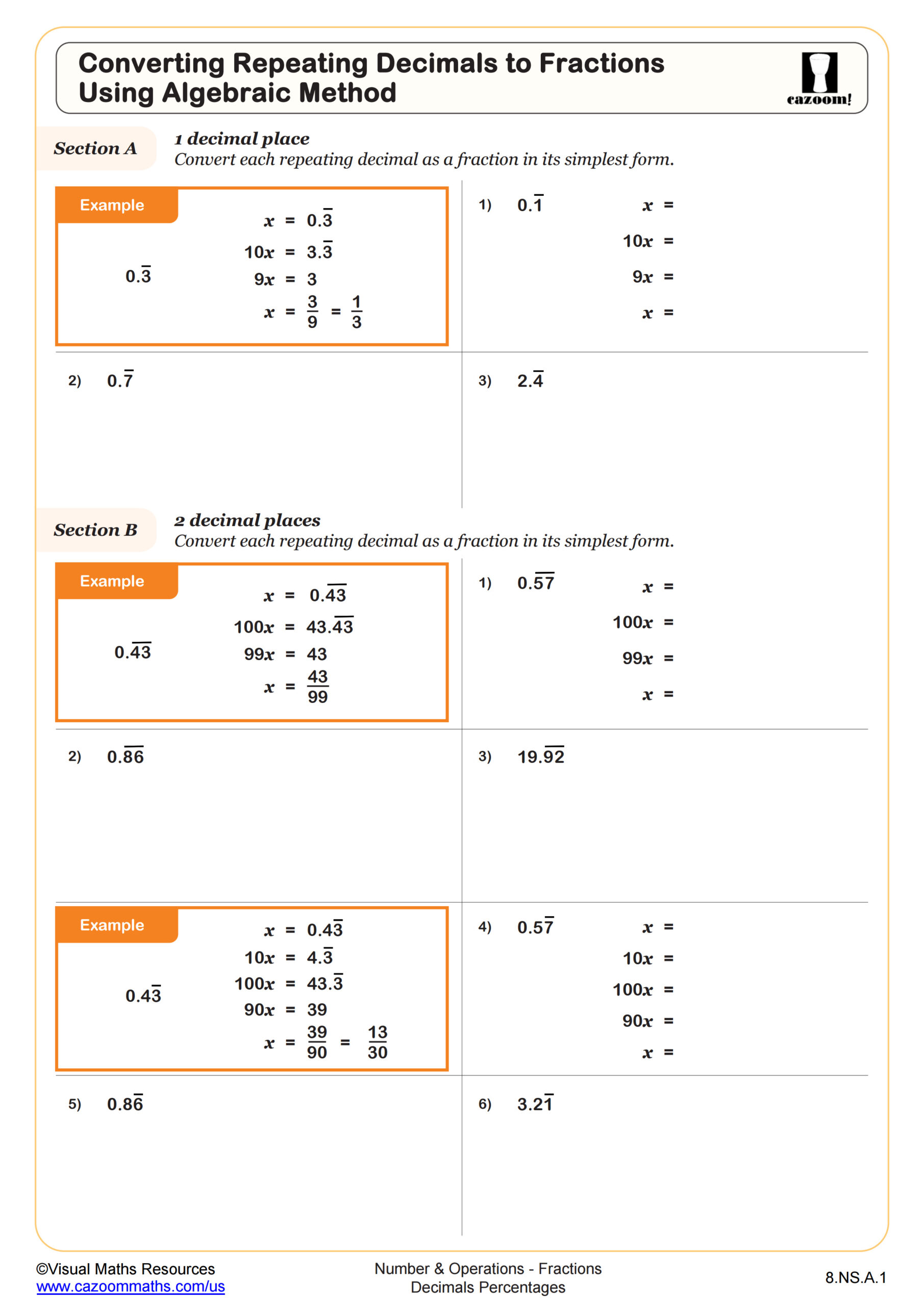 Converting Repeating Decimals to Fractions Using Algebraic Method Worksheet Fun and Engaging