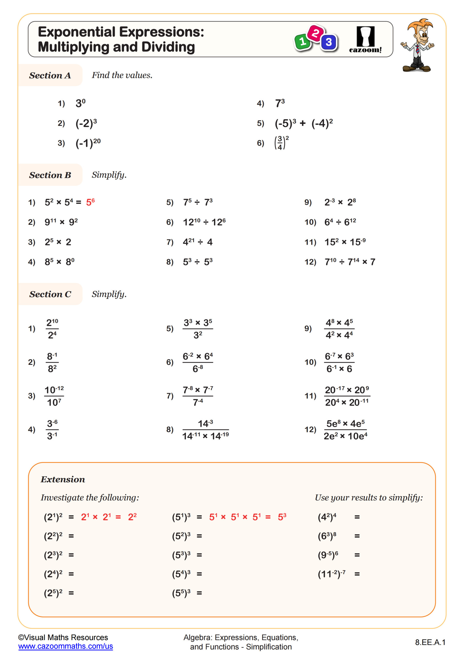 Exponential Expressions Multiplying and Dividing Worksheet Fun and Engaging 8th Grade PDF