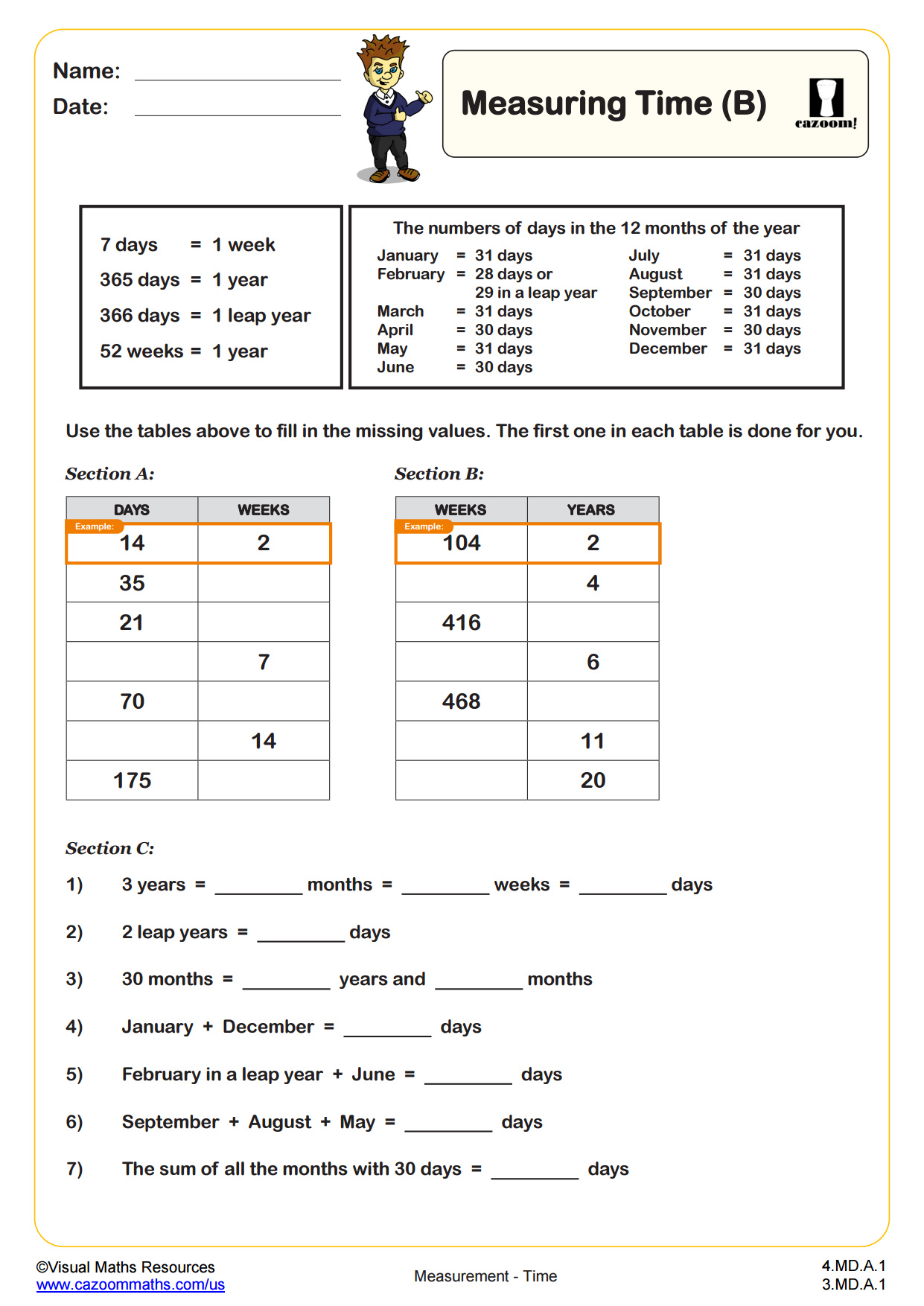 Units of Time (B) PDF printable Measurement Worksheets