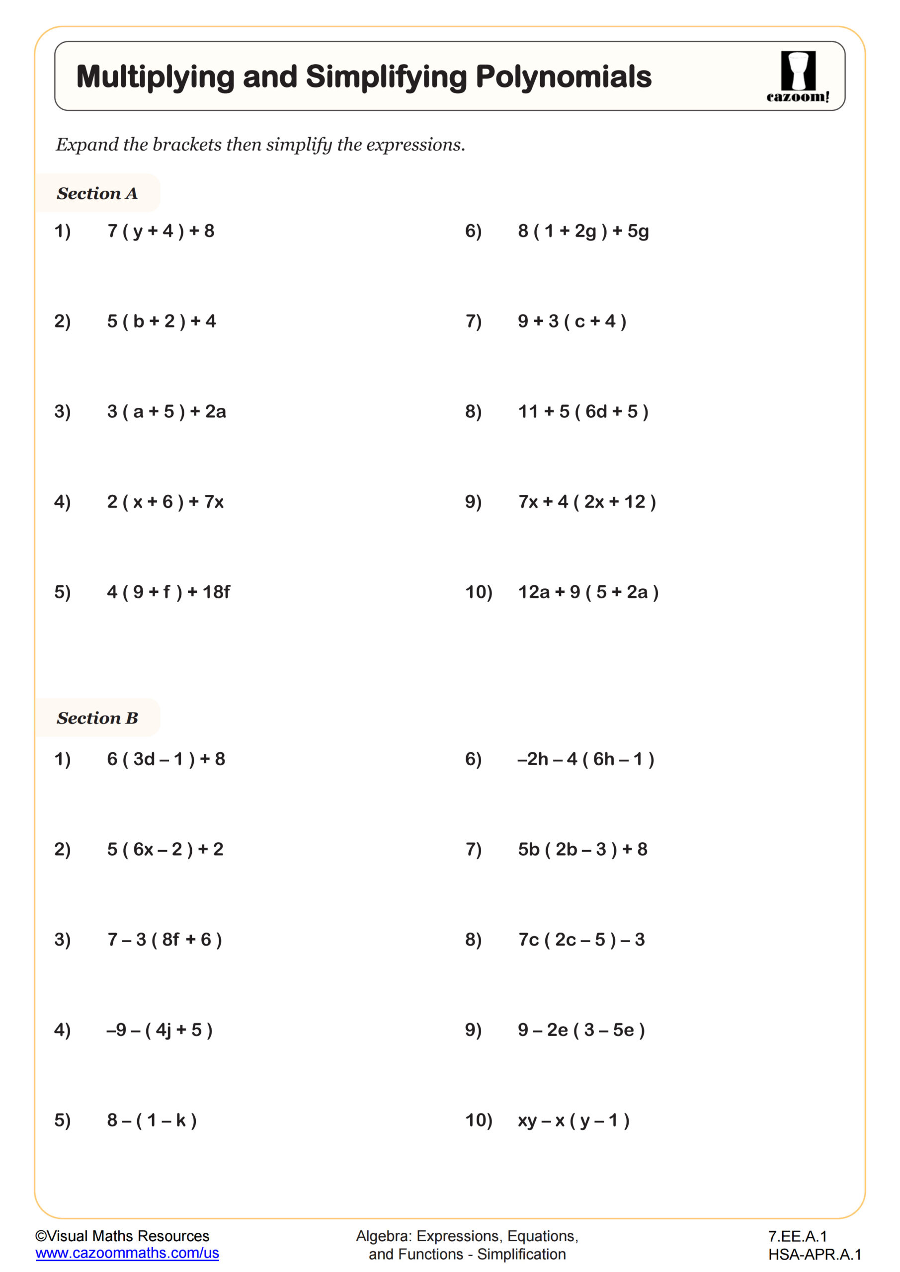 Multiplying and Simplifying Polynomials Worksheet | 7th Grade PDF