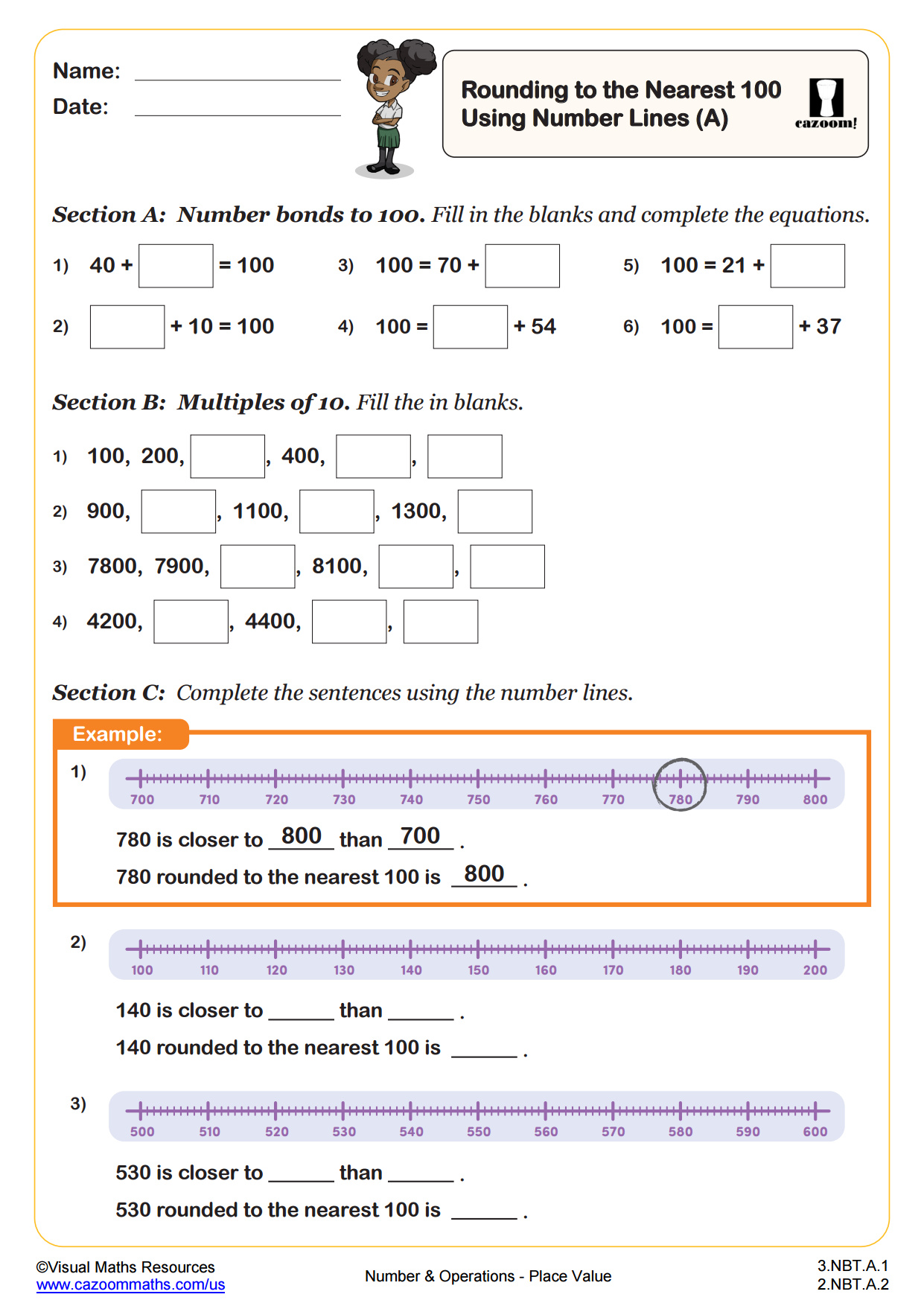 Rounding Numbers to the Nearest 10 Using Number Lines (A) | 3rd Grade