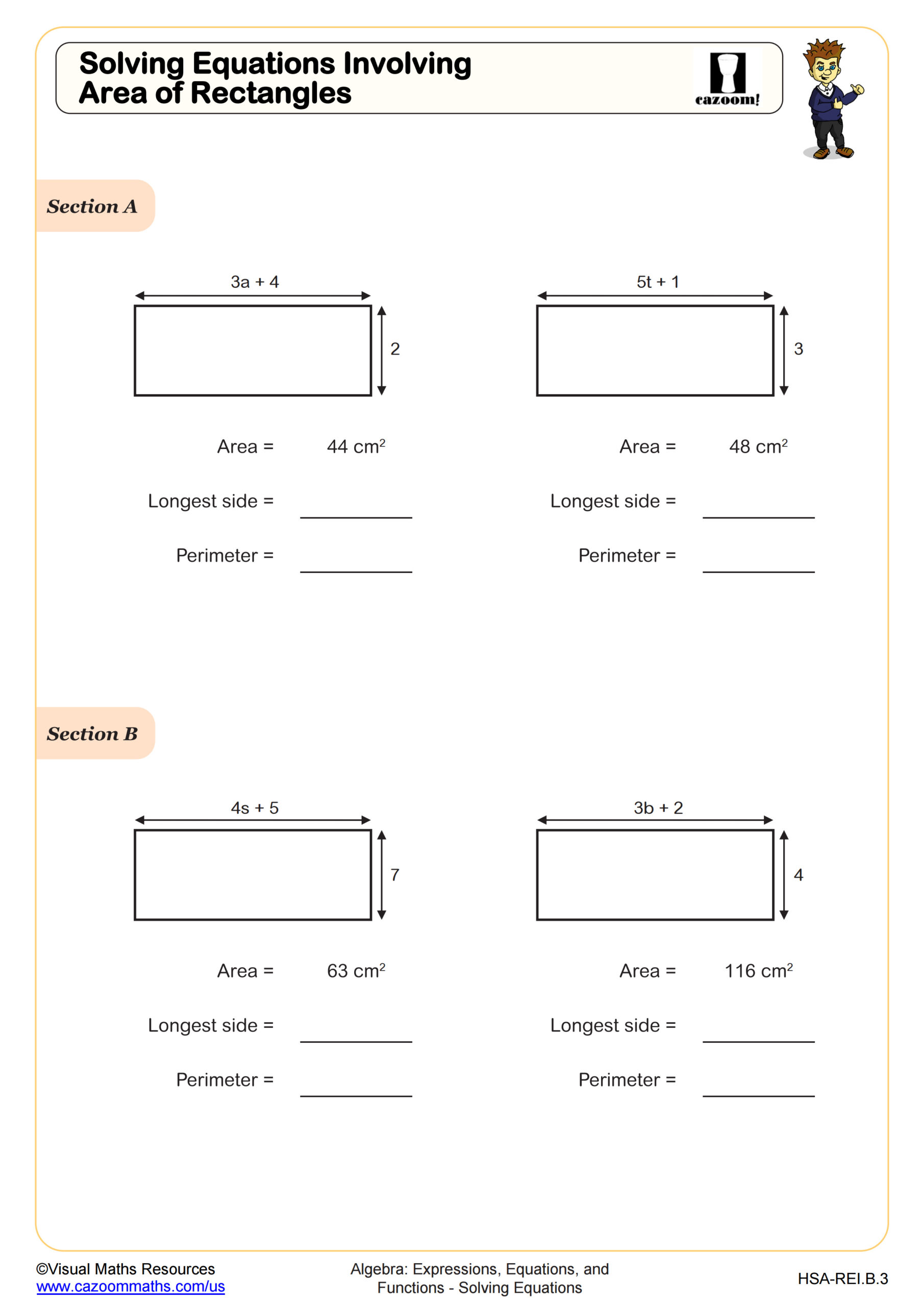 Solving Linear Equations with Area of Rectangles Worksheet Algebra I