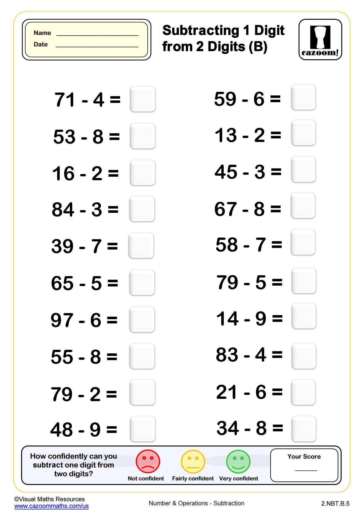 Subtracting 1 Digit from 2 Digits (B) PDF printable Number and Operations Worksheets