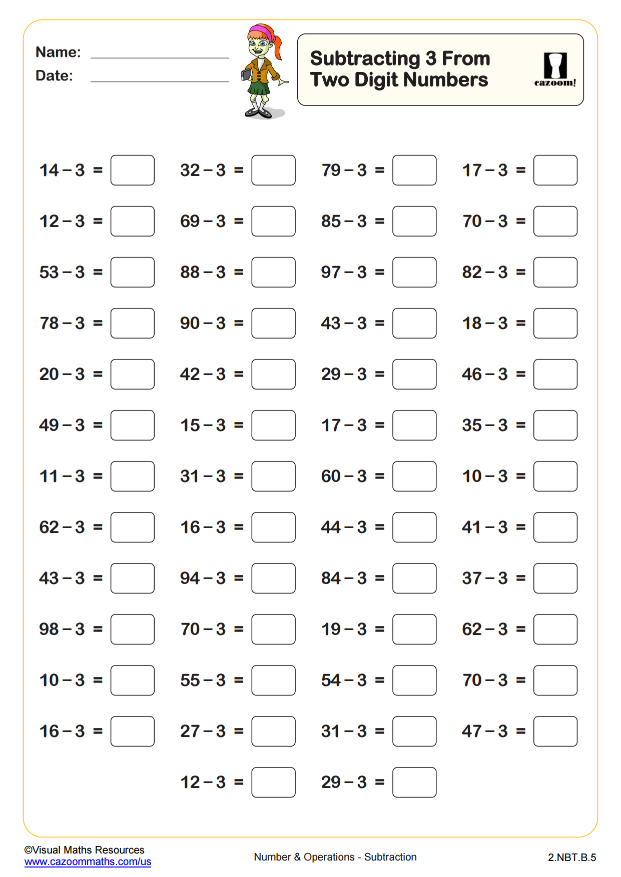 Subtracting 3 from Two Digit Numbers (50 questions) | PDF printable