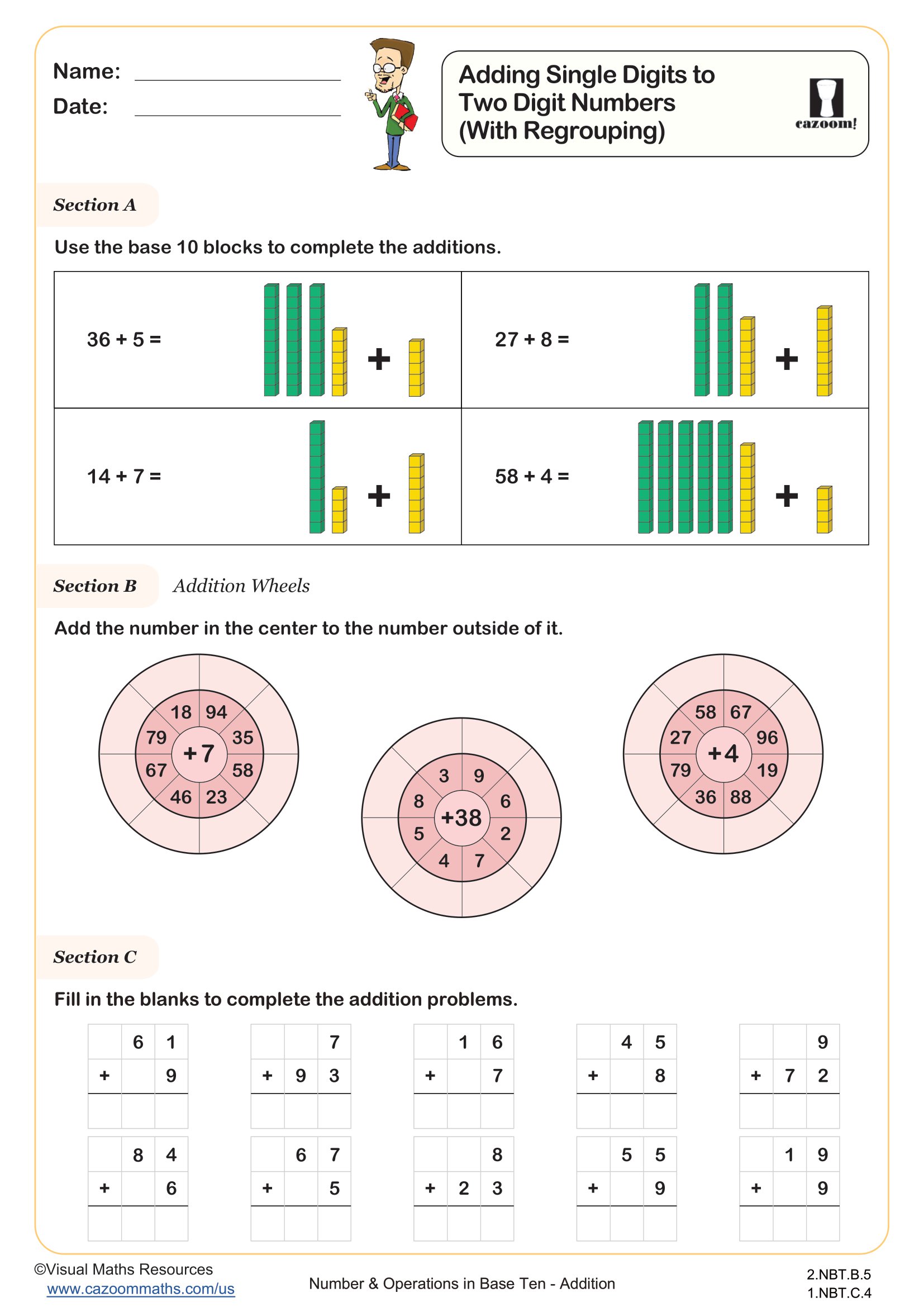 Adding Single Digits to Two Digit Numbers (With Regrouping) Worksheet