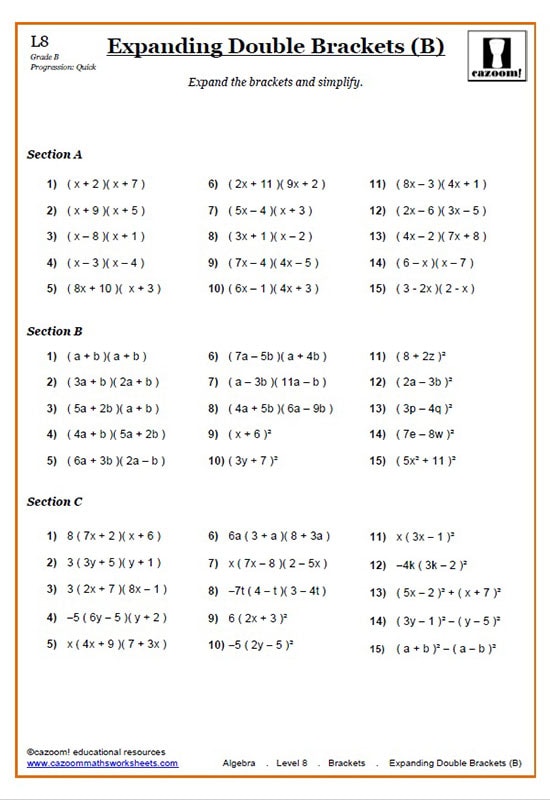 Expanding Brackets PDF Worksheets Cazoom Maths Worksheets