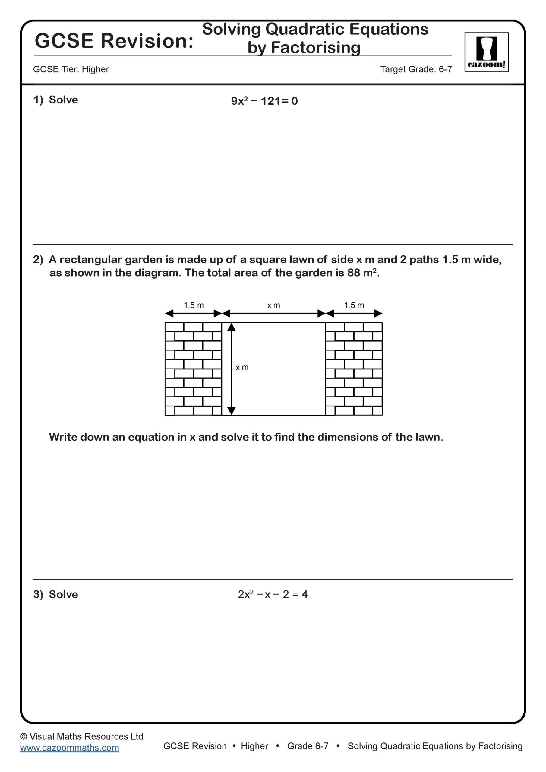 Solving Quadratic Equations by Factorising (B) GCSE Revision Questions