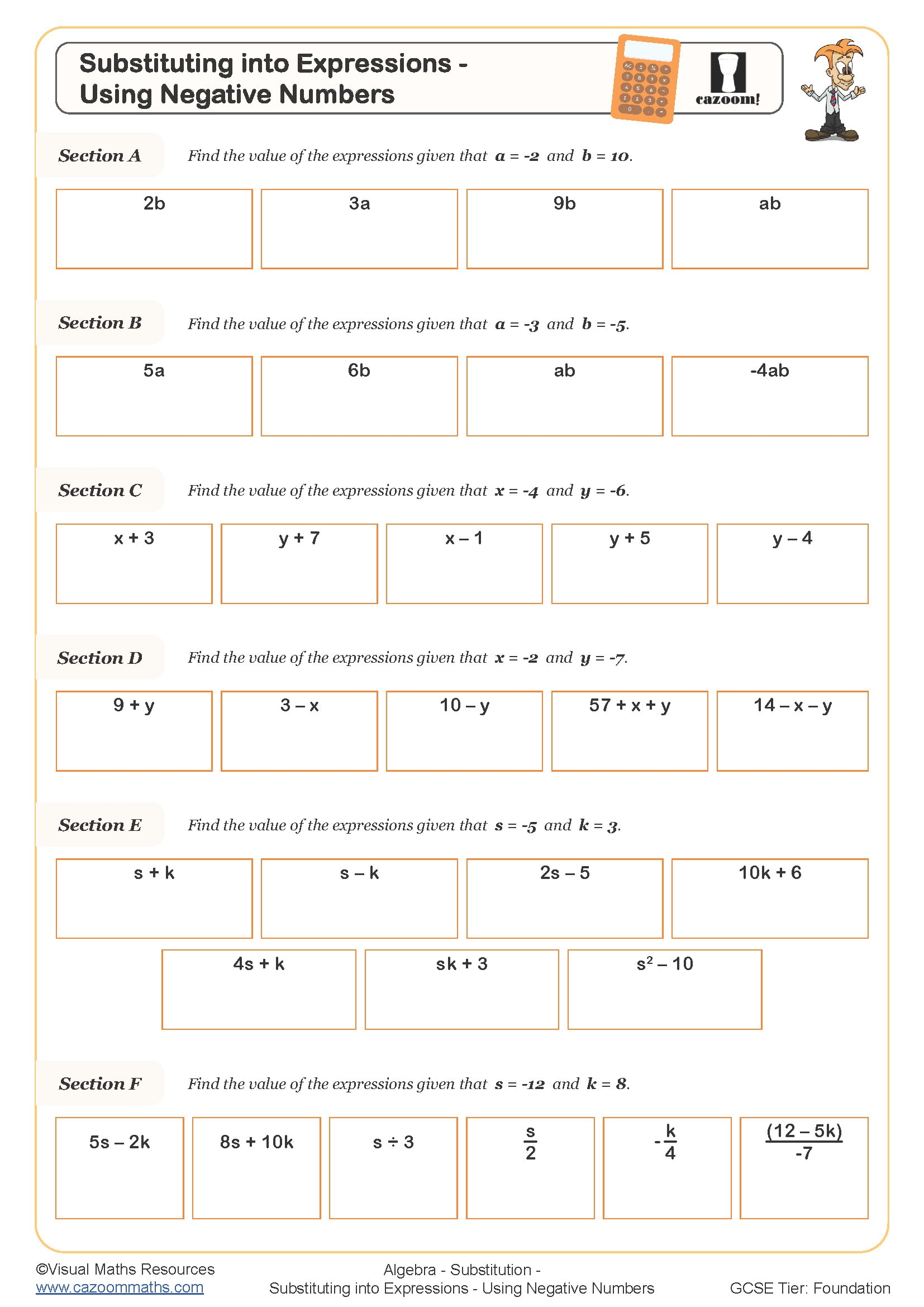 Substituting into Expressions using Negative Numbers Worksheet Fun and Engaging PDF Worksheets