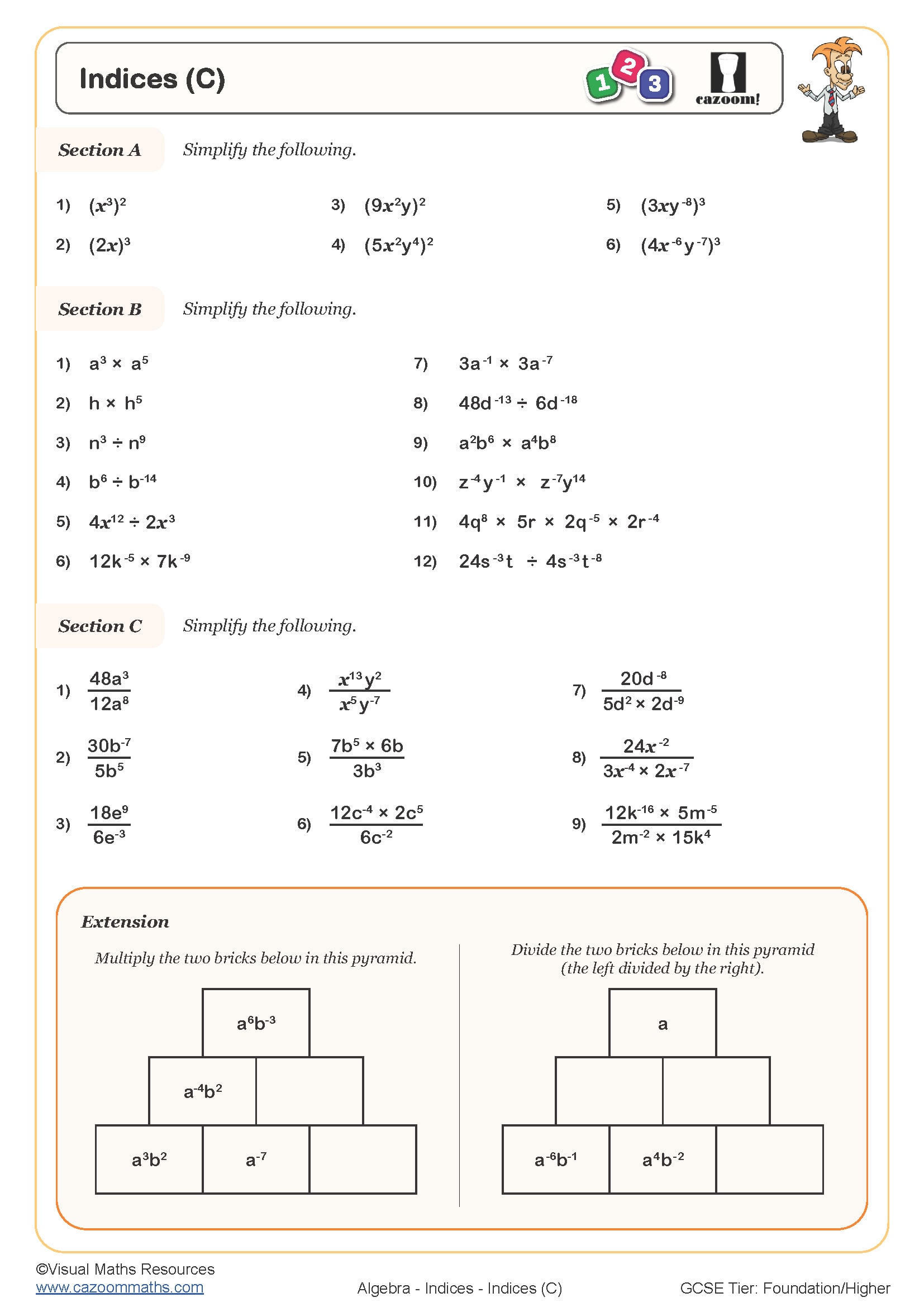 Indices (C) Worksheet Printable Maths Worksheets Indices (C) Worksheet Printable Maths Worksheets