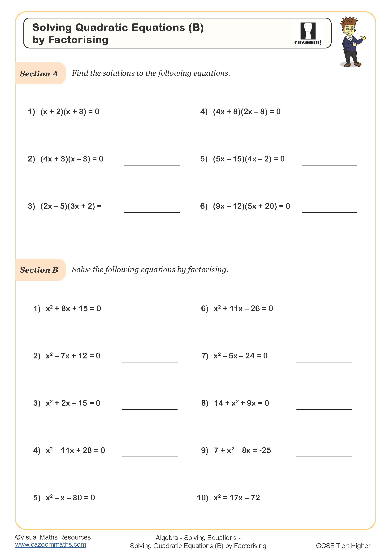 Solving Quadratic Equations (B) (by Factorising) Worksheet Printable