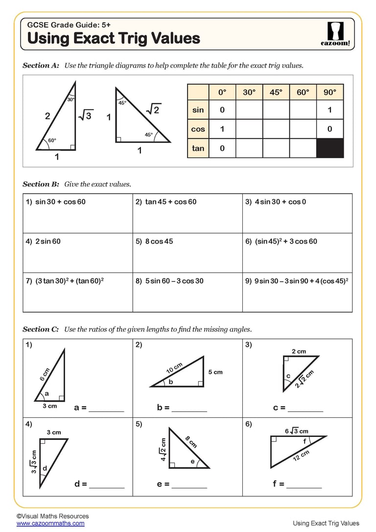 Using Exact Trig Values Worksheet | Cazoom Maths Worksheets