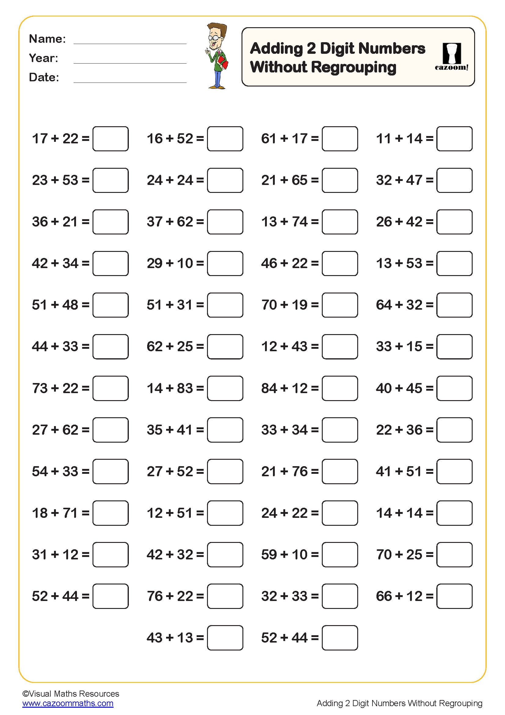 Adding 2 digit numbers without regrouping Worksheet (50 questions Adding 2 digit numbers without regrouping Worksheet (50 questions