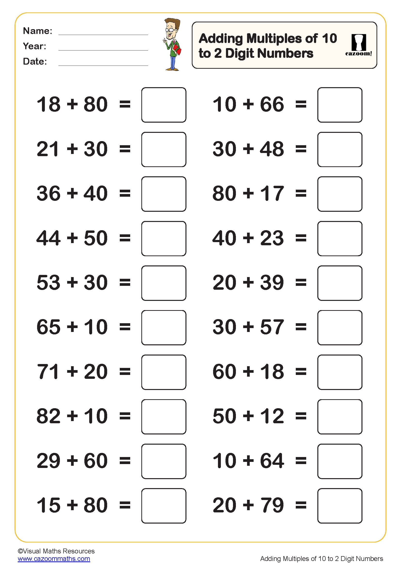 Adding mulitples of 10 to a 2 digit number Worksheet (20 questions
