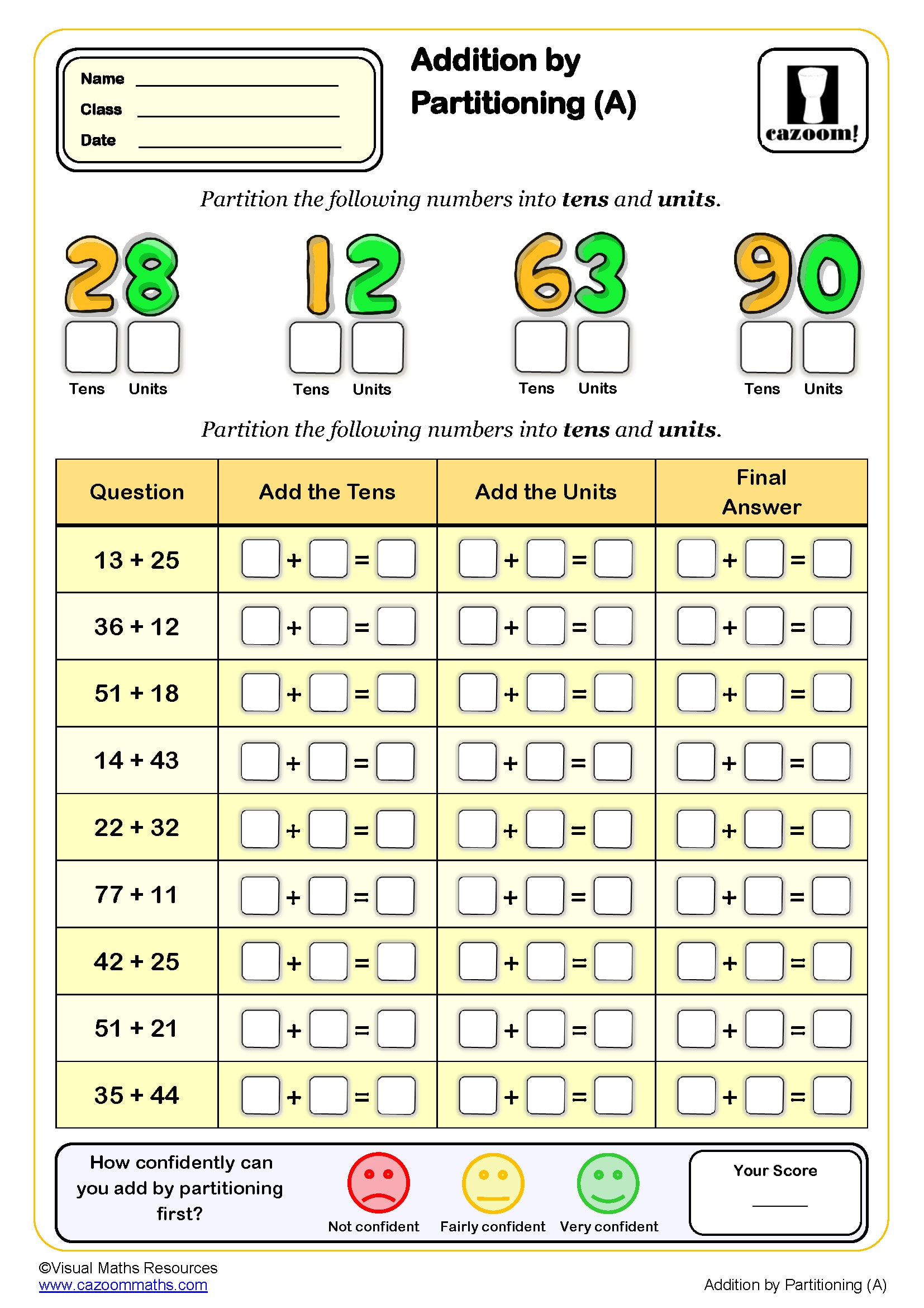 Addition by partitioning (A) Worksheet PDF printable Addition Worksheets