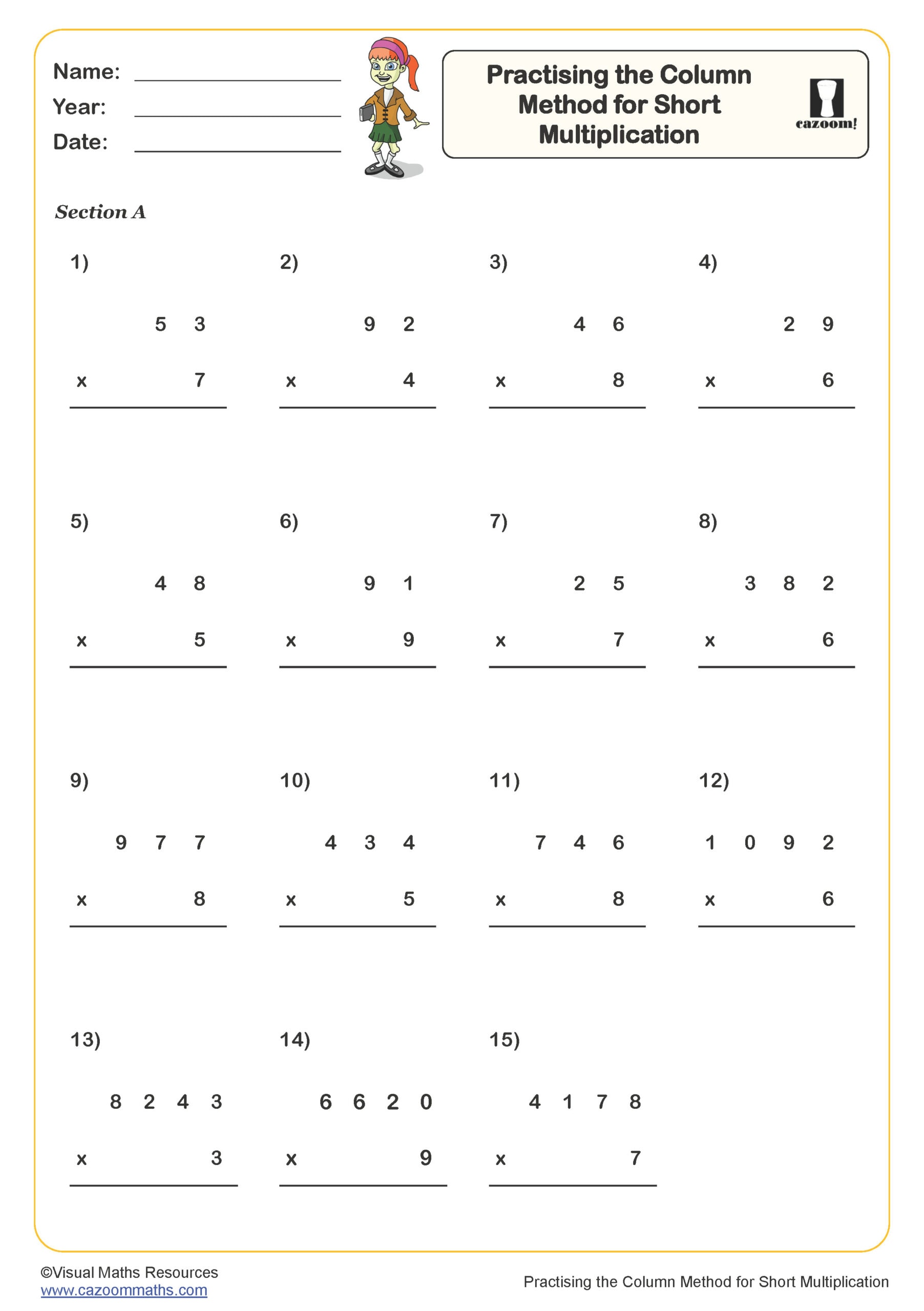 Practising the Grid Method for Short Multiplication (A) Worksheet Key Stage 2 PDF Number