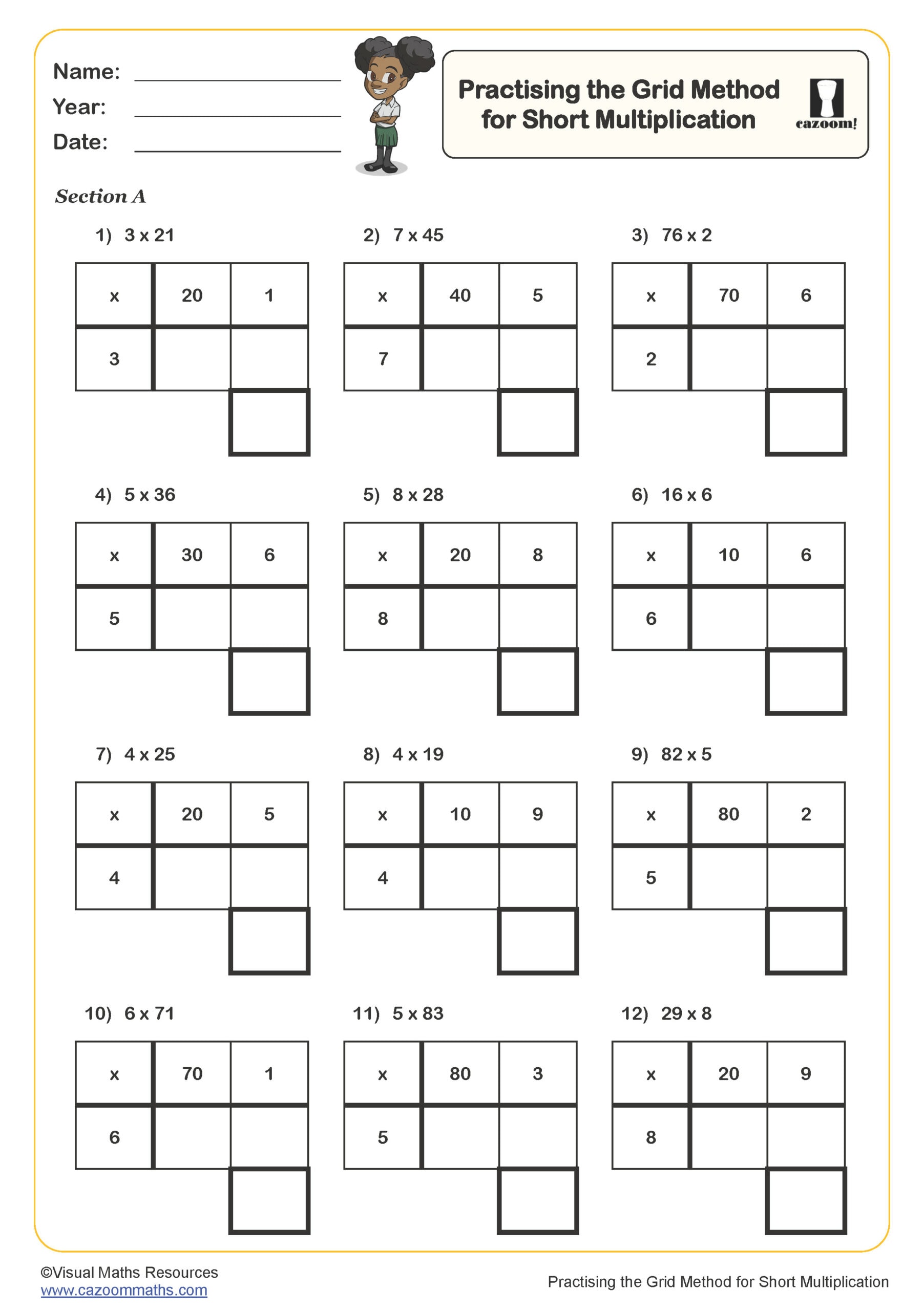Practising the Grid Method for Short Multiplication (B) Worksheet PDF printable Number Worksheets