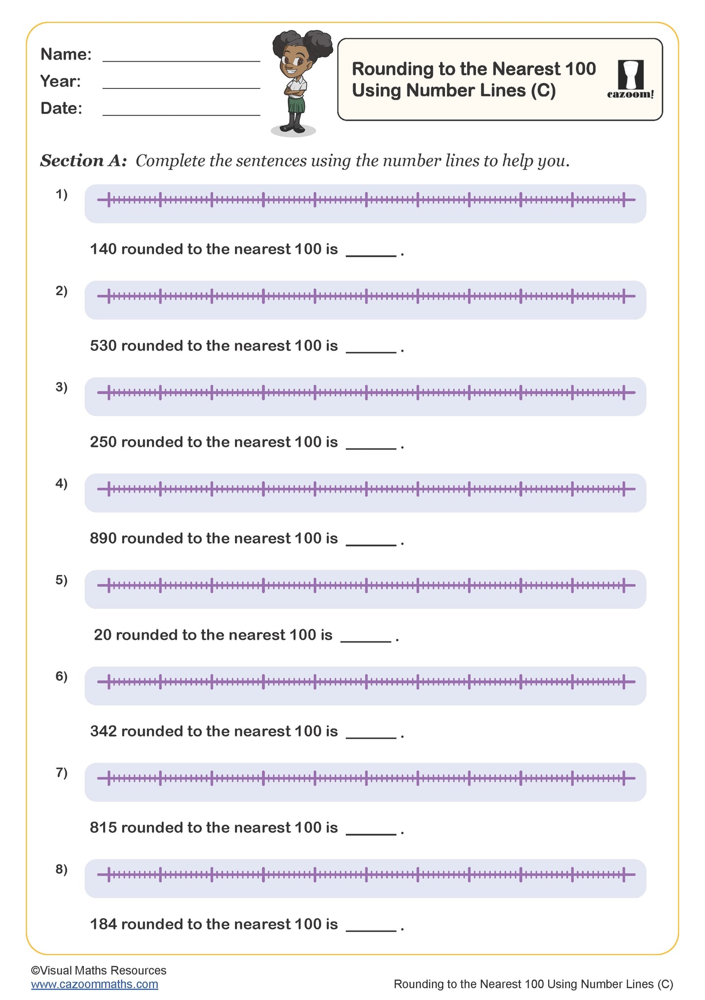 Rounding Numbers to the Nearest 10 Using Number Lines (C) Worksheet
