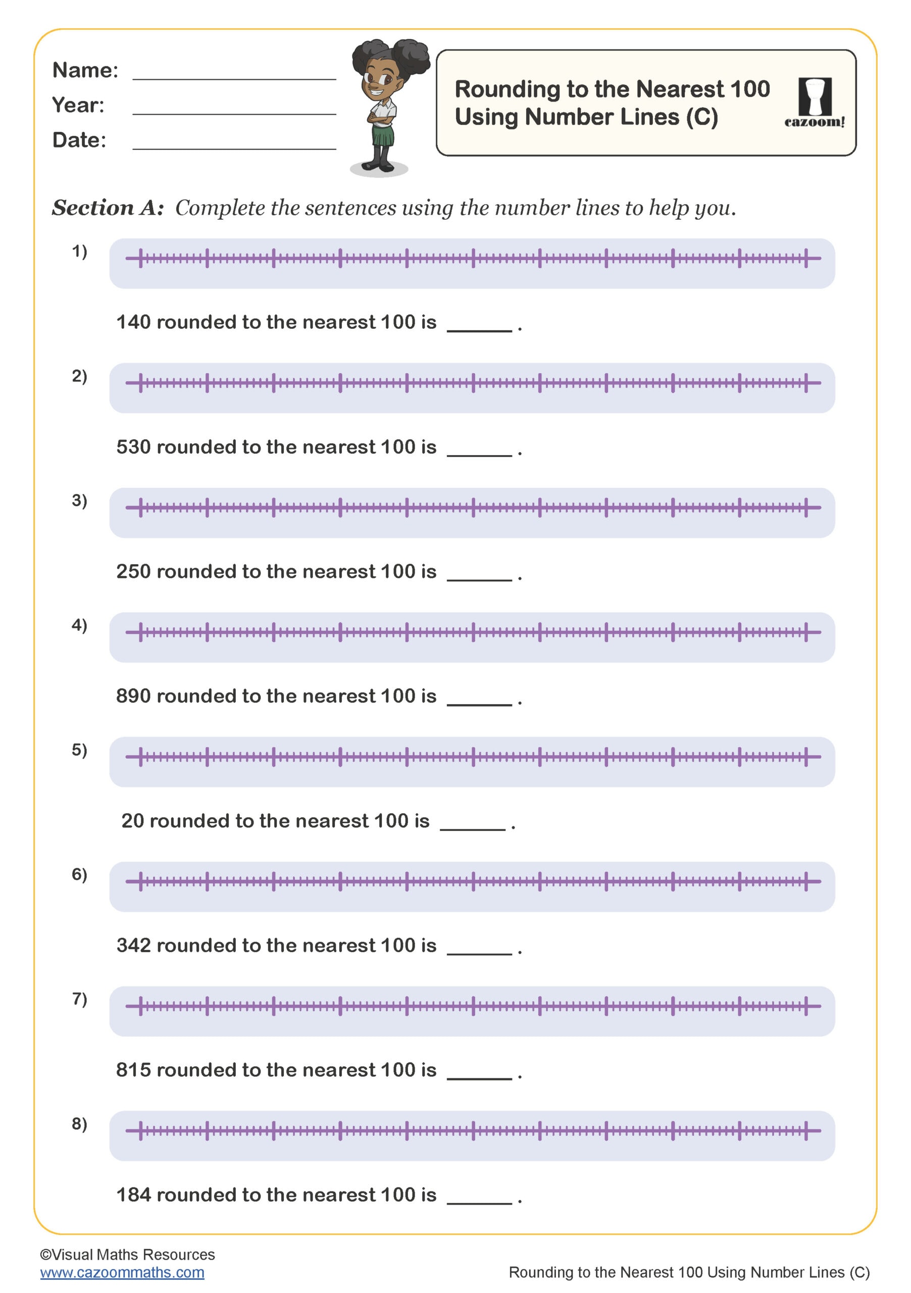 Rounding Numbers to the Nearest 100 Using Number Lines (C) Worksheet Fun and Engaging Year 4