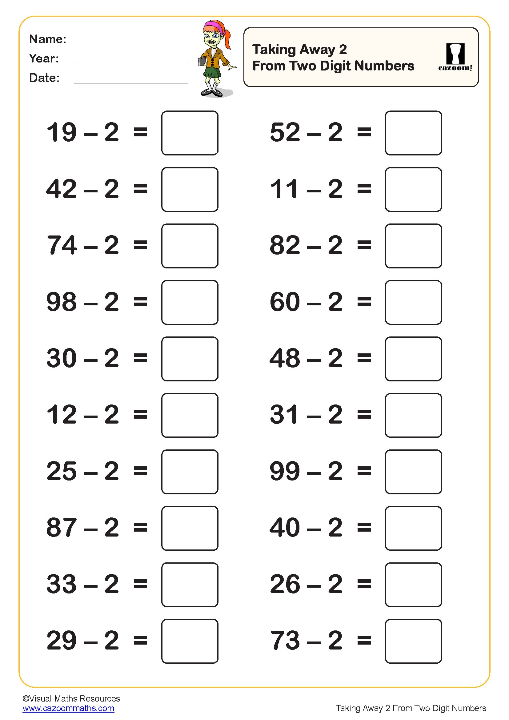 Taking Away 2 from two digit numbers Worksheet (20 questions) Key Taking Away 2 from two digit numbers Worksheet (20 questions) Key