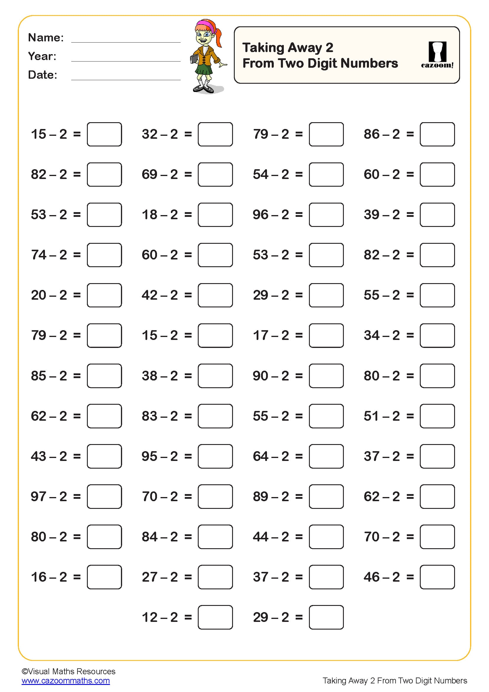 Taking Away 2 from two digit numbers Worksheet (50 questions) PDF Taking Away 2 from two digit numbers Worksheet (50 questions) PDF