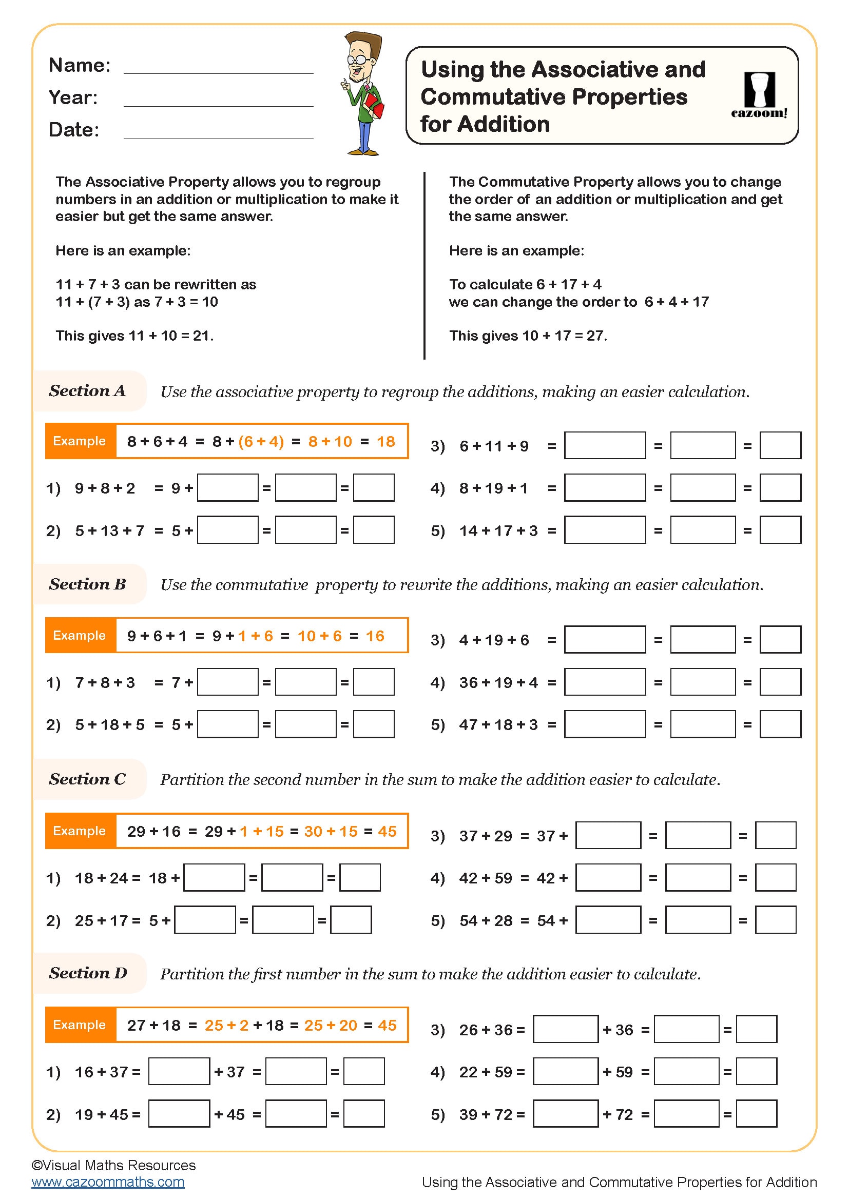 Using the Associative and Commutative Properties for Addition Worksheet Key Stage 1 PDF