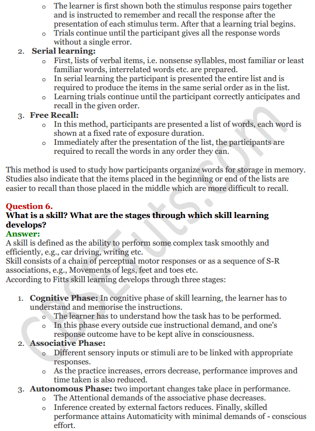 NCERT Solutions for Class 11 Psychology Chapter 6 Learning CBSE Tuts