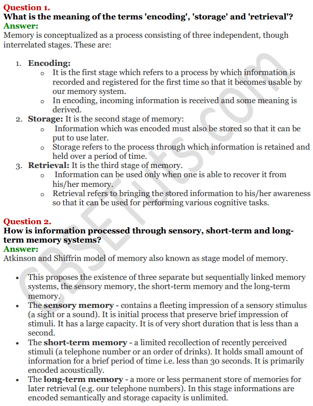 NCERT Solutions for Class 11 Psychology Chapter 7 Human Memory CBSE Tuts