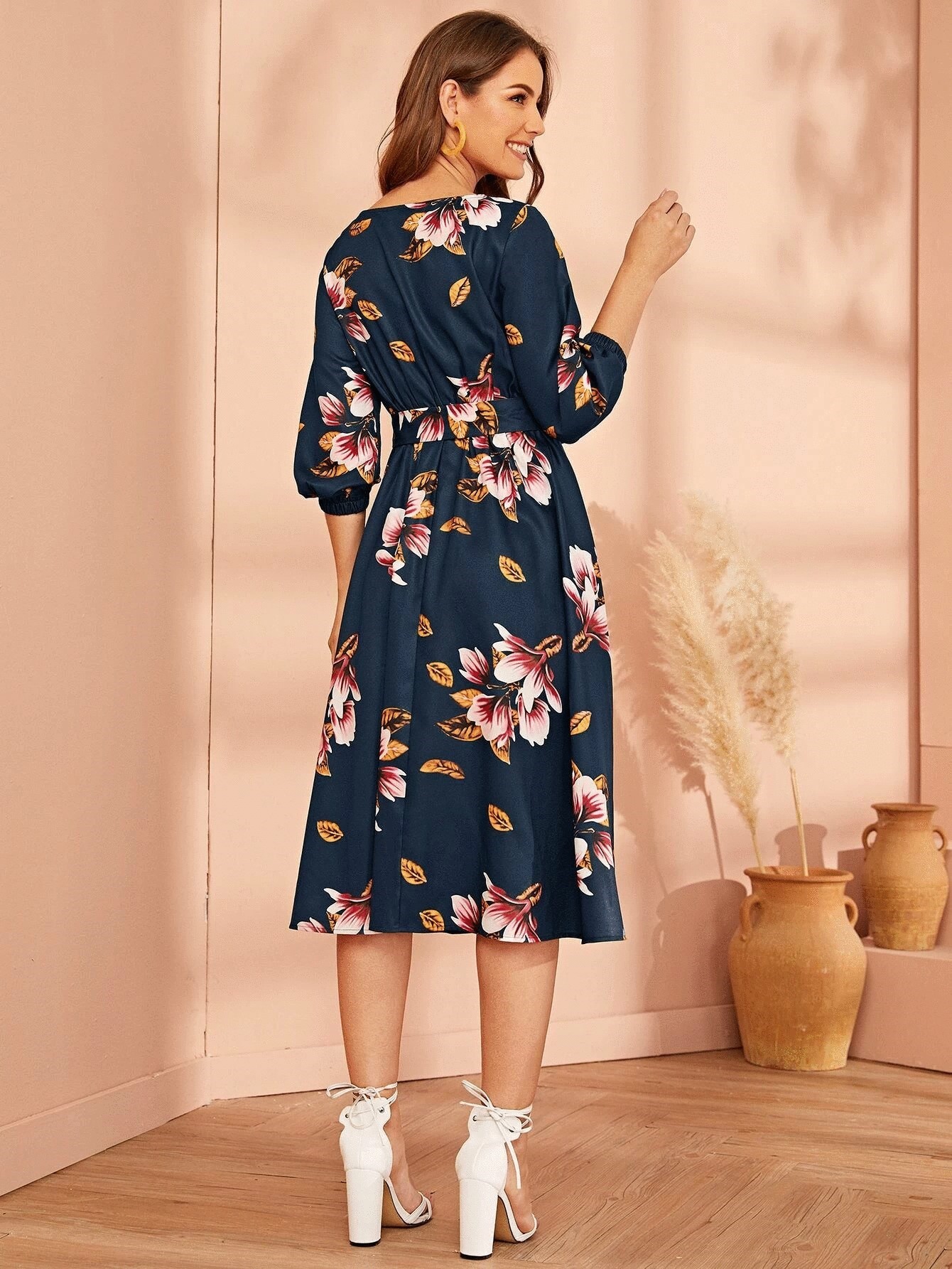 SHEIN Floral Print Belted Dress ( Navy Blue) CB Shop USA