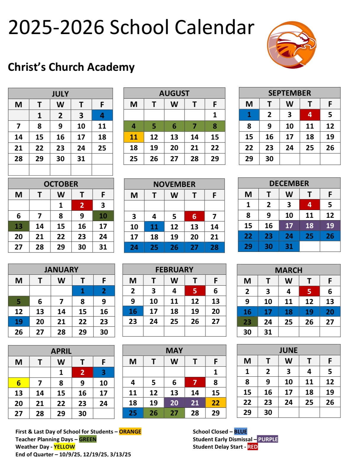 School Calendar Christ's Church Academy School Calendar Christ's Church Academy