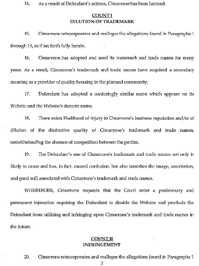 Lawsuit CIMARRONE PROPERTY OWNERS ASSOCIATION UNOFFICIAL WEBSITE!