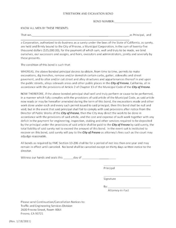 City of Fresno City Street Work and Excavation Permit Bond