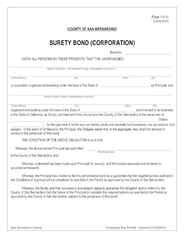 County of San Bernardino Temporary Use Permit Bond