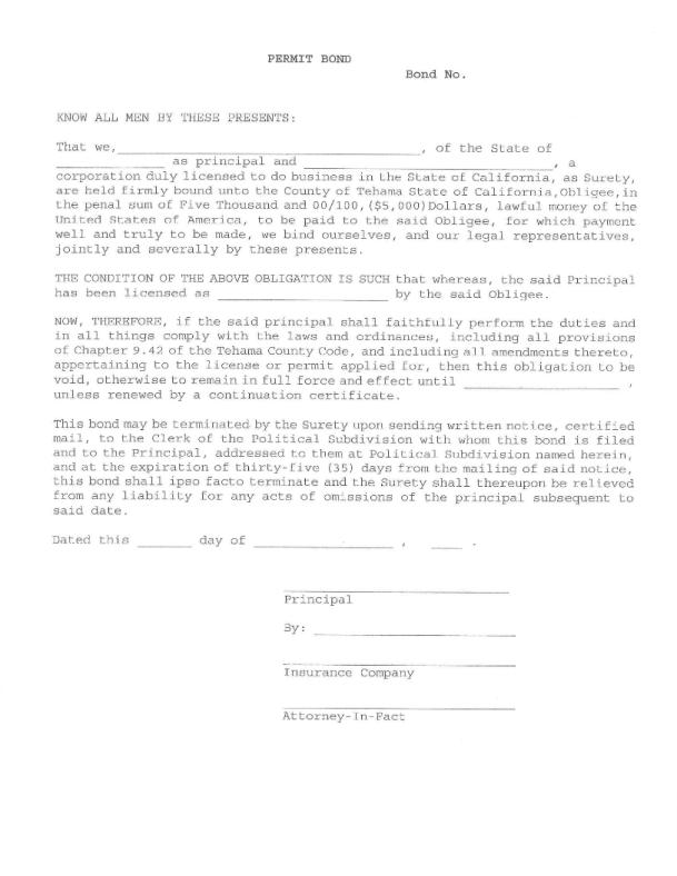 County of Tehama Well Drillers Permit Bond