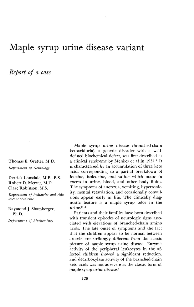 Maple syrup urine disease variant Cleveland Clinic Journal of Medicine