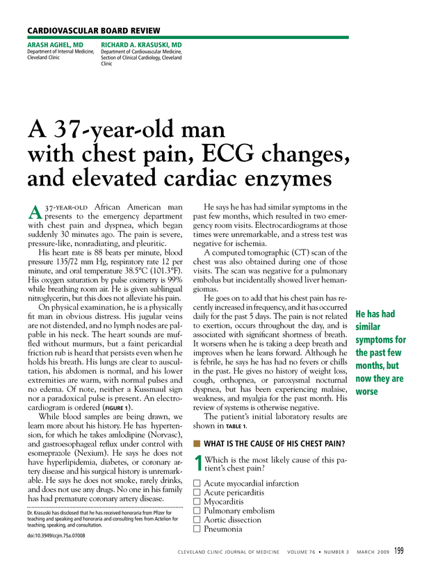 A 37yearold man with chest pain, ECG changes, and elevated cardiac