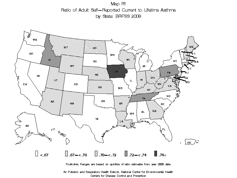 CDC Asthma BRFSS 2008 Map R1 (black and white) Ratio of Adult