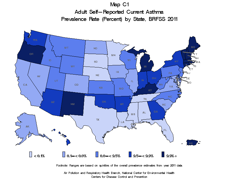 Asthma United States Map Asthma BRFSS 2011 Map C1 (color) Adult SelfReported Current Asthma
