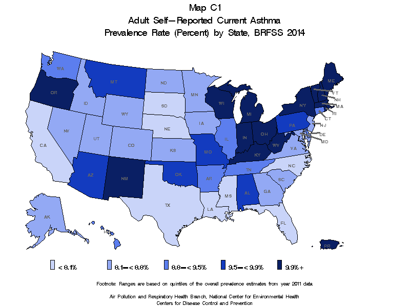 Als Prevelance Usa Map Map C1 (color) Adult SelfReported Current Asthma Prevalence Rate