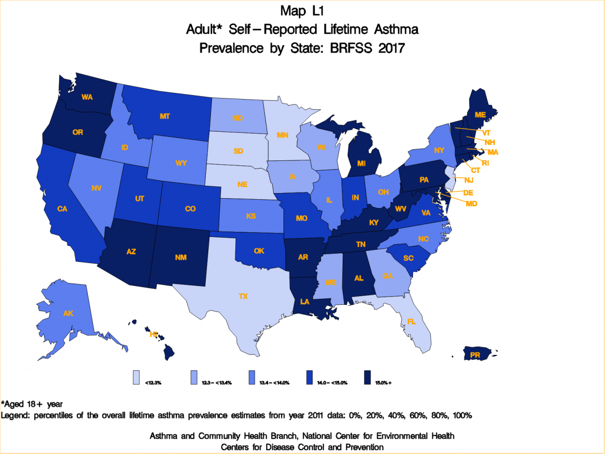 Map L1 (color) Adult SelfReported Lifetime Asthma by State BRFSS