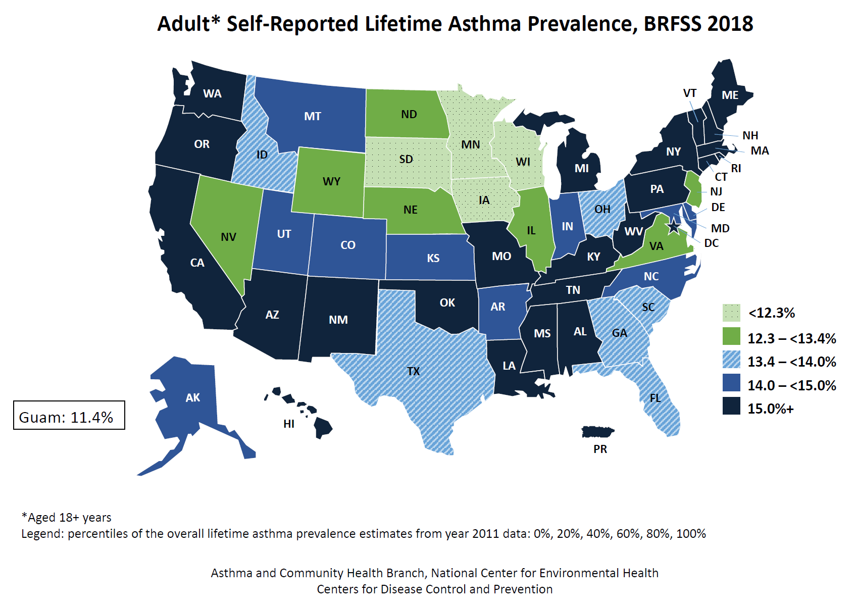 Asthma By State Map Map L1 (color) Adult SelfReported Lifetime Asthma by State BRFSS
