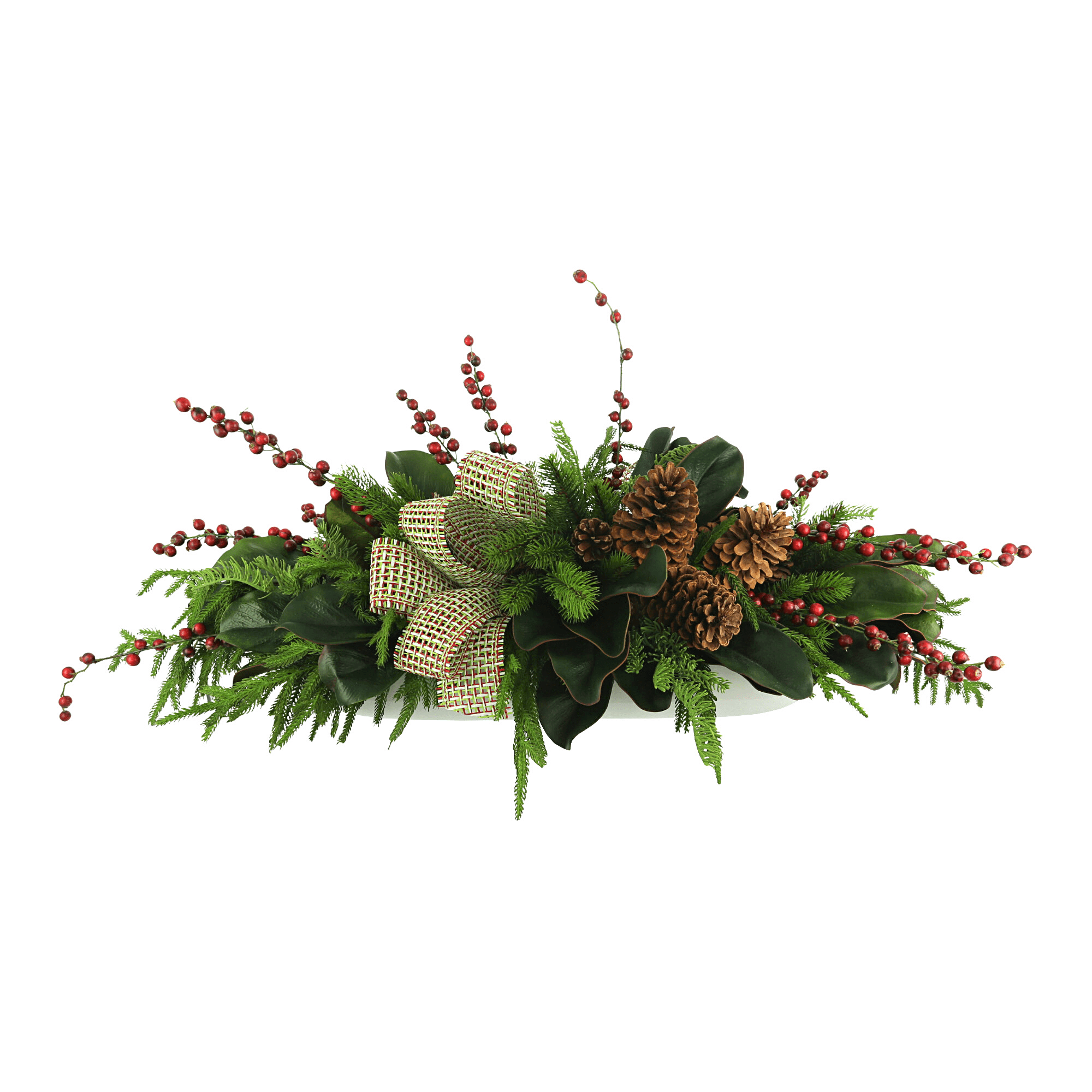 Holiday Centerpiece with Evergreen, Berries, Bows and Pinecones in White Fiberstone Planter