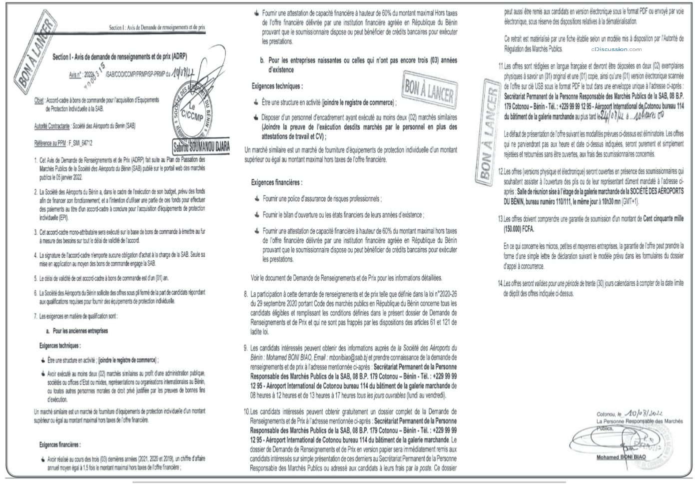 Avis de demande de renseignements et de Prix (ADRP) pour l'accord