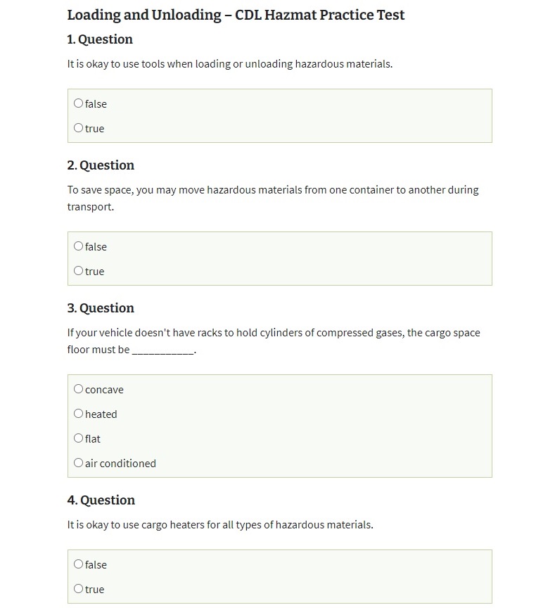 Loading and Unloading CDL Hazmat Practice Test