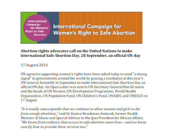 Press Release Make International Safe Abortion Day 28 Sept a UN Day