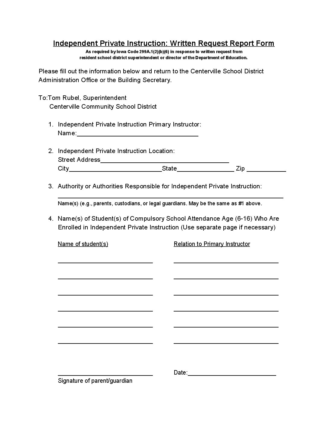 Independent Private Instruction_ Written Request Report Form (1