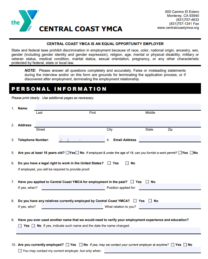 CCY Employment Application Central Coast YMCA