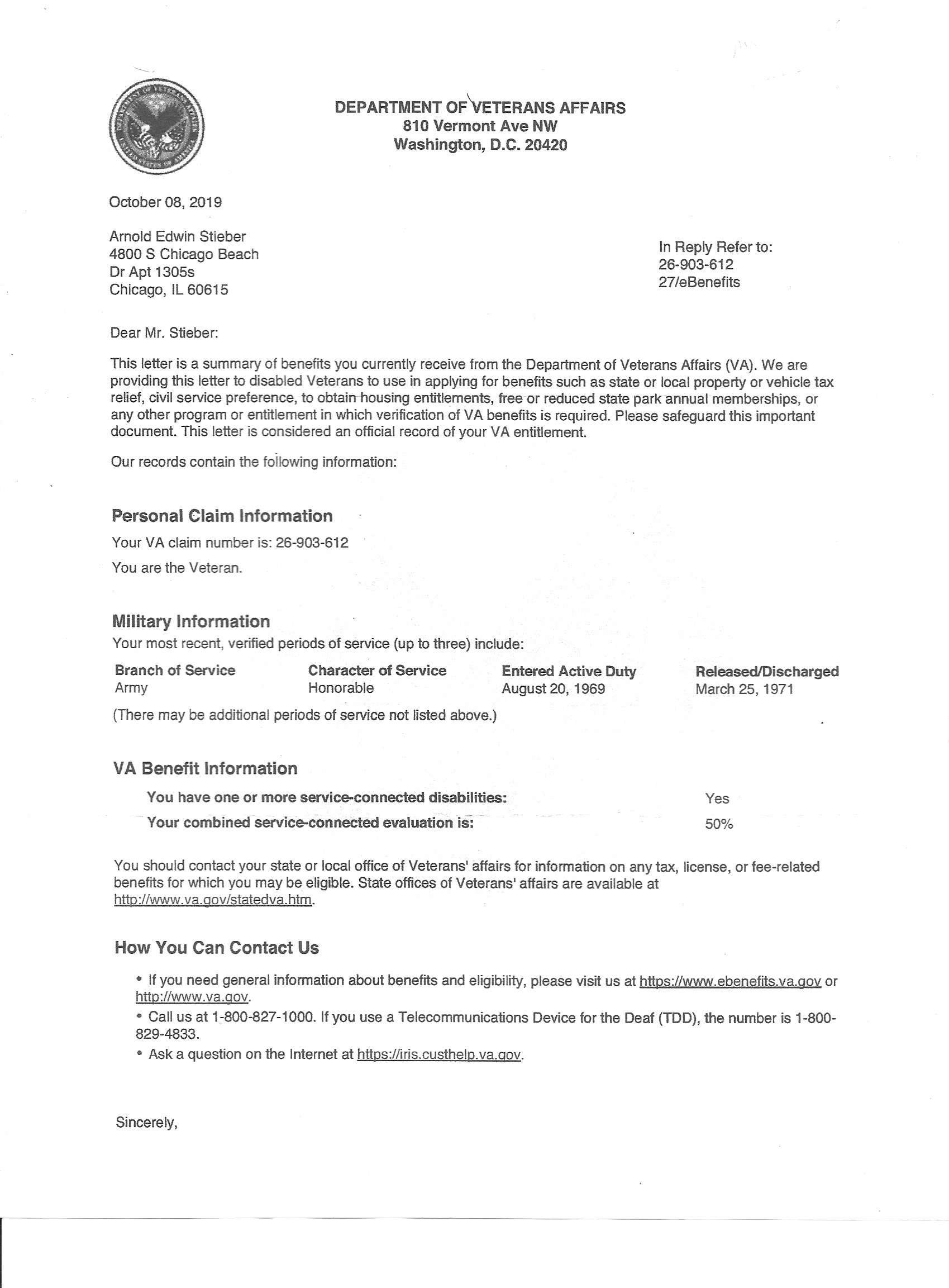 VA DISABILITY LETTER FIRST UNIVERSALIST SOCIETY OF CENTRAL SQUARE, A