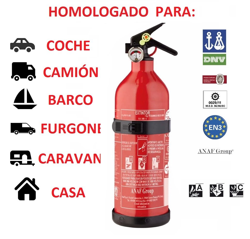 EXTINTOR HOMOLOGADO 1 KG ABC COCHE BARCO CARAVANA CON SOPORTE Y MANOMETRO