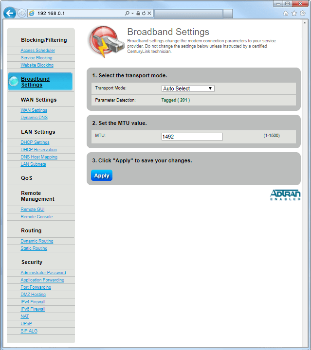 Broadband Settings Advanced Modem Setup CenturyLink